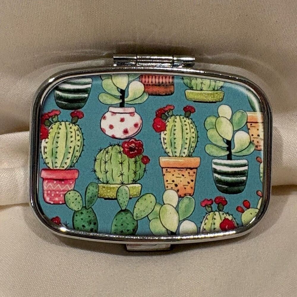 Succulent Cacti Cactus Travel Pill Box 2 Compartment Medicine Pill Case NEW